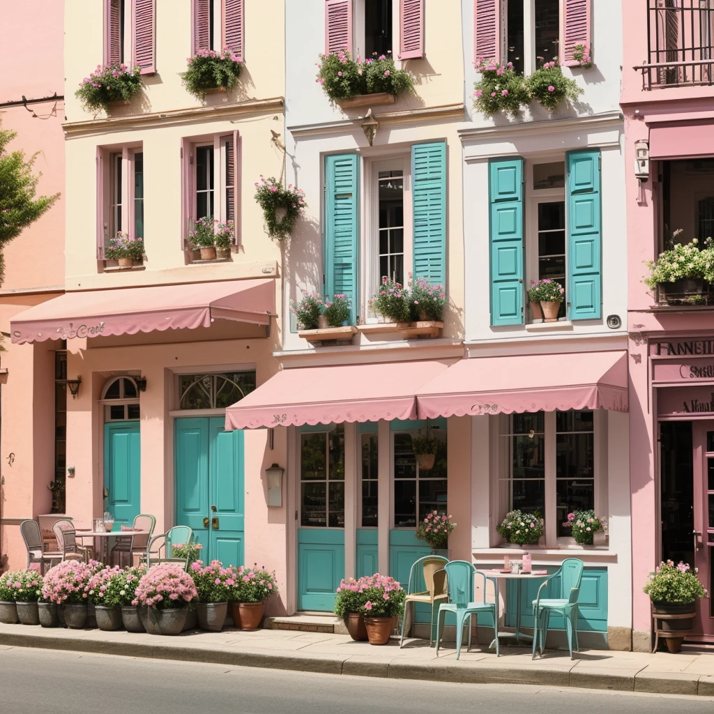 Create a unreal watercolor illustration of a charming French café façade, front view, featuring light aqua green tones with pink accents. The scene should include a table and two chairs on the right and a pink bicycle with a basket of flowers on the left. Add some pink flowers to the façade for additional detail. The composition should capture the quaint and inviting atmosphere of a French café