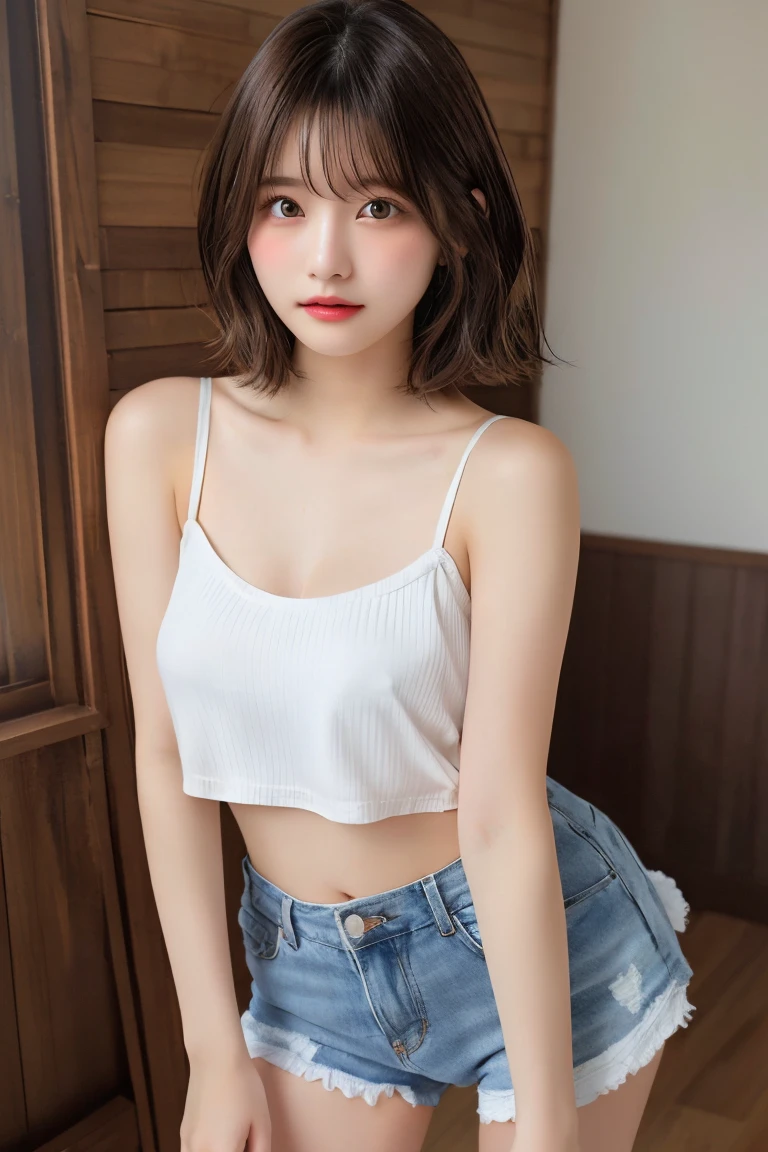 Highest quality, (beautiful)、Super delicate eyes、Brown eyes、22-year-old female、Brown Hair、looking at the camera、Semi-short hair、Camisole pulled down to expose nipples、Soft Breasts、Shorts、indoor、Natural Lip