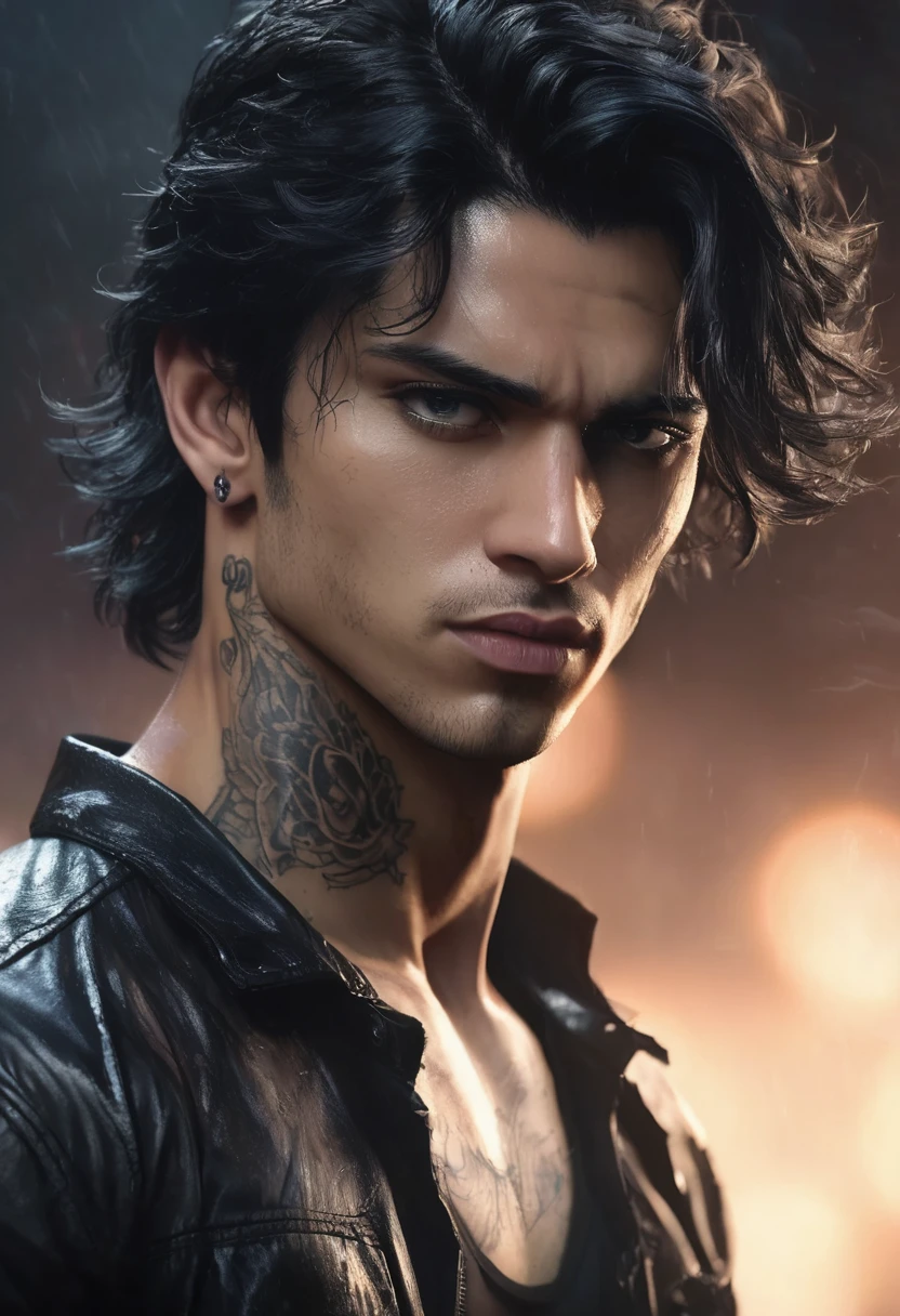 1 man, inside a clandestine race track, wearing a black shirt, detailed facial features, beautiful black and masculine eyes, detailed light skin, medium-length black hair wavy and messy, soft expression, tattoos on the body, dramatic lighting, cinematic composition, cold and dark colors, atmospheric fog, strong chin, manly man, night, handsome man, beautiful model face, (best quality, 4K, 8K, high resolution, art: 1.2), ultra-detailed, (realistic, photorealistic, photorealistic: 1.37)