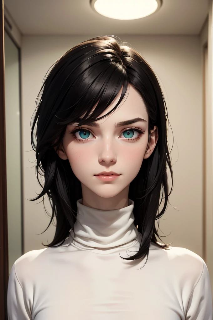 (best quality), 1boy, pale skin, black hair, medium hair, curtain hair, tousled hair, green eyes, perfect eyes, dark circles under eyes, tall, slender, handsome, strong jawline, lazy, light smile, attractive, turtleneck sweater, masterpiece, anatomically correct, highres