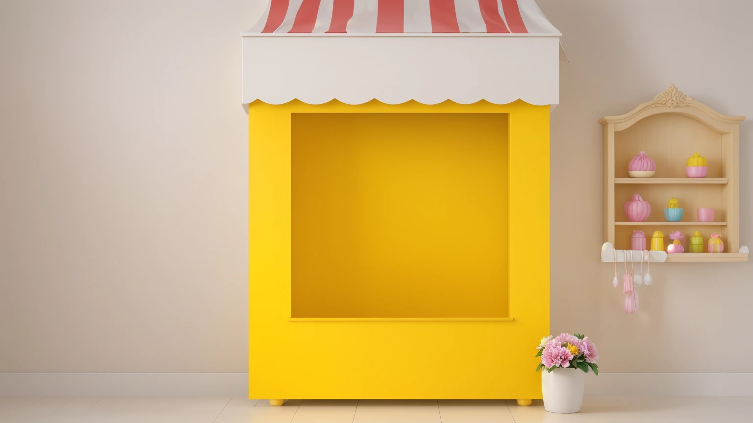 worth a toy plastic yellow store, there is a plastic banner next to it, next to it is a vase of flowers, next to the wall hangs a wooden shelf with carvings on which lie bright sweets, scene shop bakery,  Beautiful light from the window, contour light, Multiple light sources, beautiful lighting, Bright light source, bright lighting, beautiful light sources, Multiple light sources, Realistic style , realistic texture, detailed texture, A high resolution, high quality, realistic photo, ultra hd 4k,