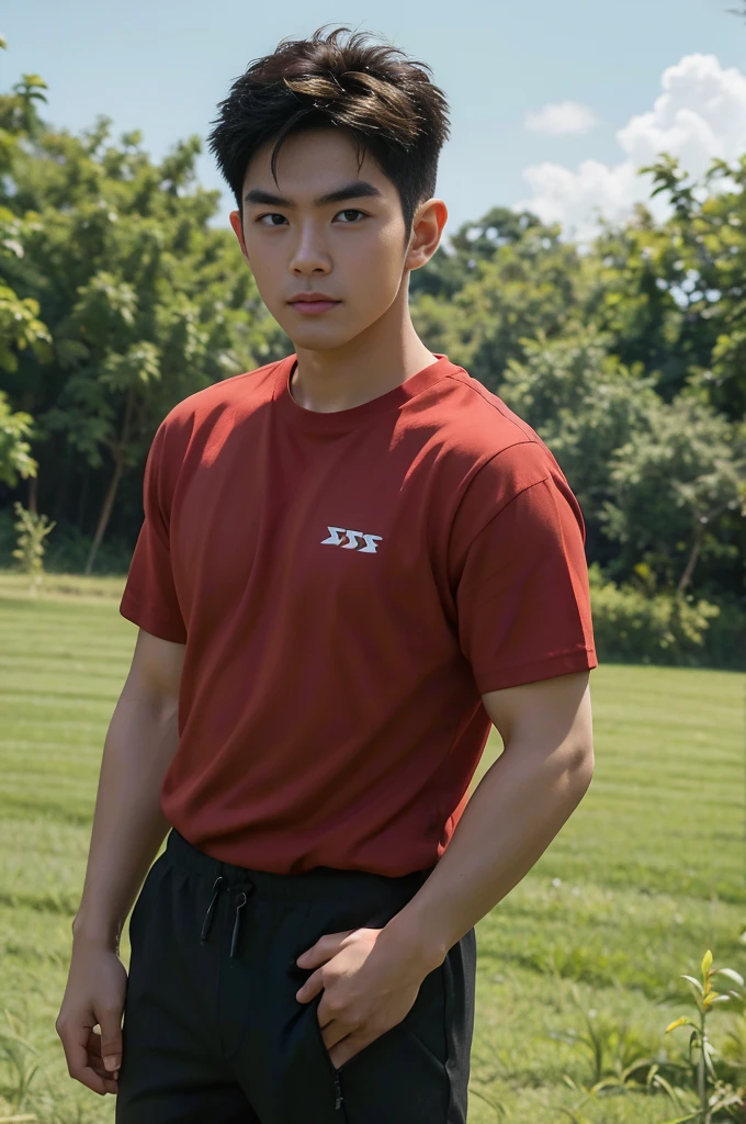 A handsome, muscular young Asian man looks at the camera. In a simple black and red t-shirt. , Fieldside, grass, beach, sunlight, Carrying a camera