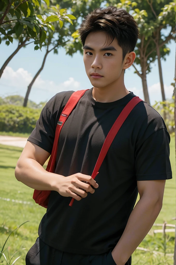 A handsome, muscular young Asian man looks at the camera. In a simple black and red t-shirt. , Fieldside, grass, beach, sunlight, Carrying a camera