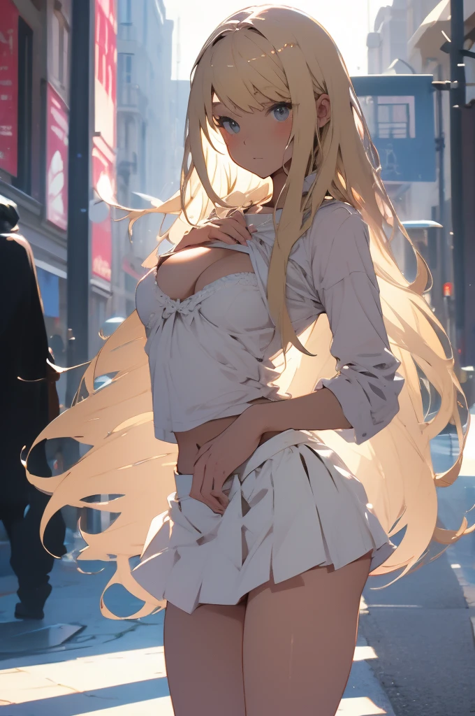 Pure white shirt,Blonde long hair,Small Bust,Cleavage,mini skirt,White panties