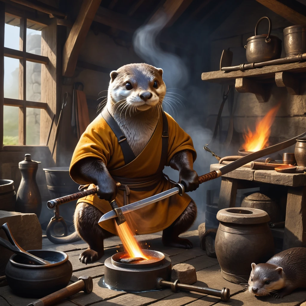 Anthropomorphic eels and otters Heat the iron and hit it with a hammer、Image of a swordsmith forging a knife