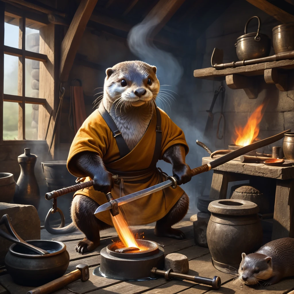Anthropomorphic eels and otters Heat the iron and hit it with a hammer、Image of a swordsmith forging a knife