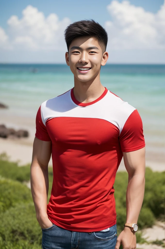 Young Korean man in a white t-shirt and jeans, A handsome, muscular young Asian man looks at the camera. In a simple black and red t-shirt. , Fieldside, grass, beach, sunlight, Carrying a camera, smiling