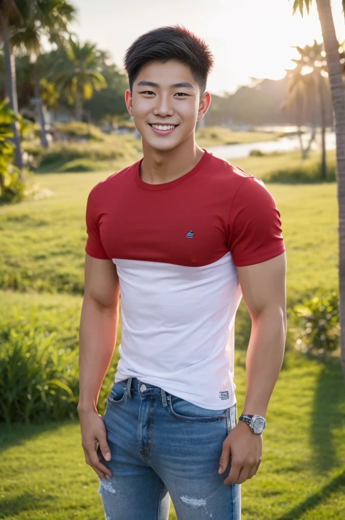 Young Korean man in a white t-shirt and jeans, A handsome, muscular young Asian man looks at the camera. In a simple black and red t-shirt. , Fieldside, grass, beach, sunlight, Carrying a camera, smiling