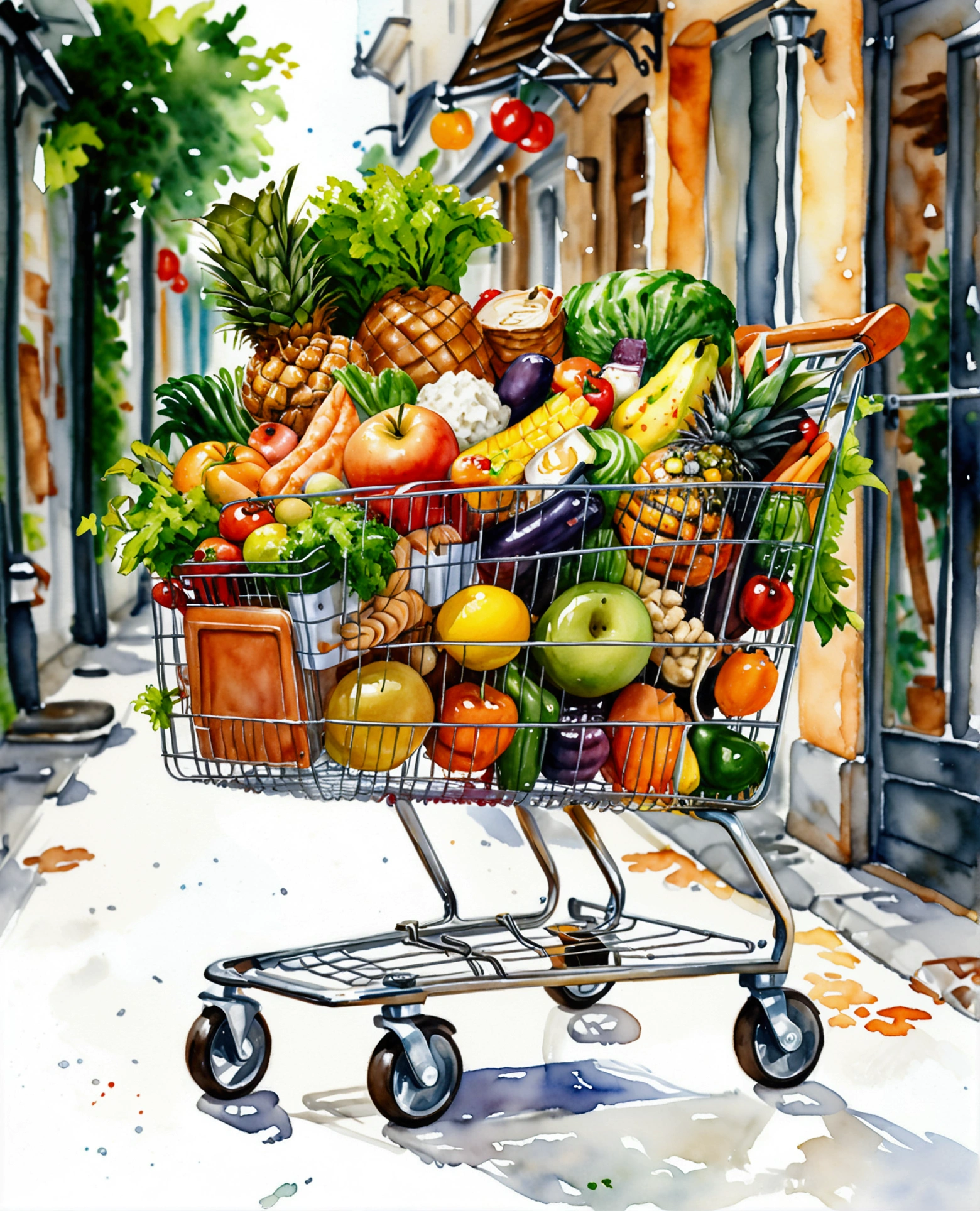 shopping trolley with a lot healthy food, illustration, isolated with solid white background, surrounded with negative space, centered composition, 8k, highest detailed painting, very precise painting, Isolated, clear solid white background, perspective angle of view, cartoon style, ((watercolor:1)), clip art, (lora:add-detail-xl:1), (masterpiece), (best quality),