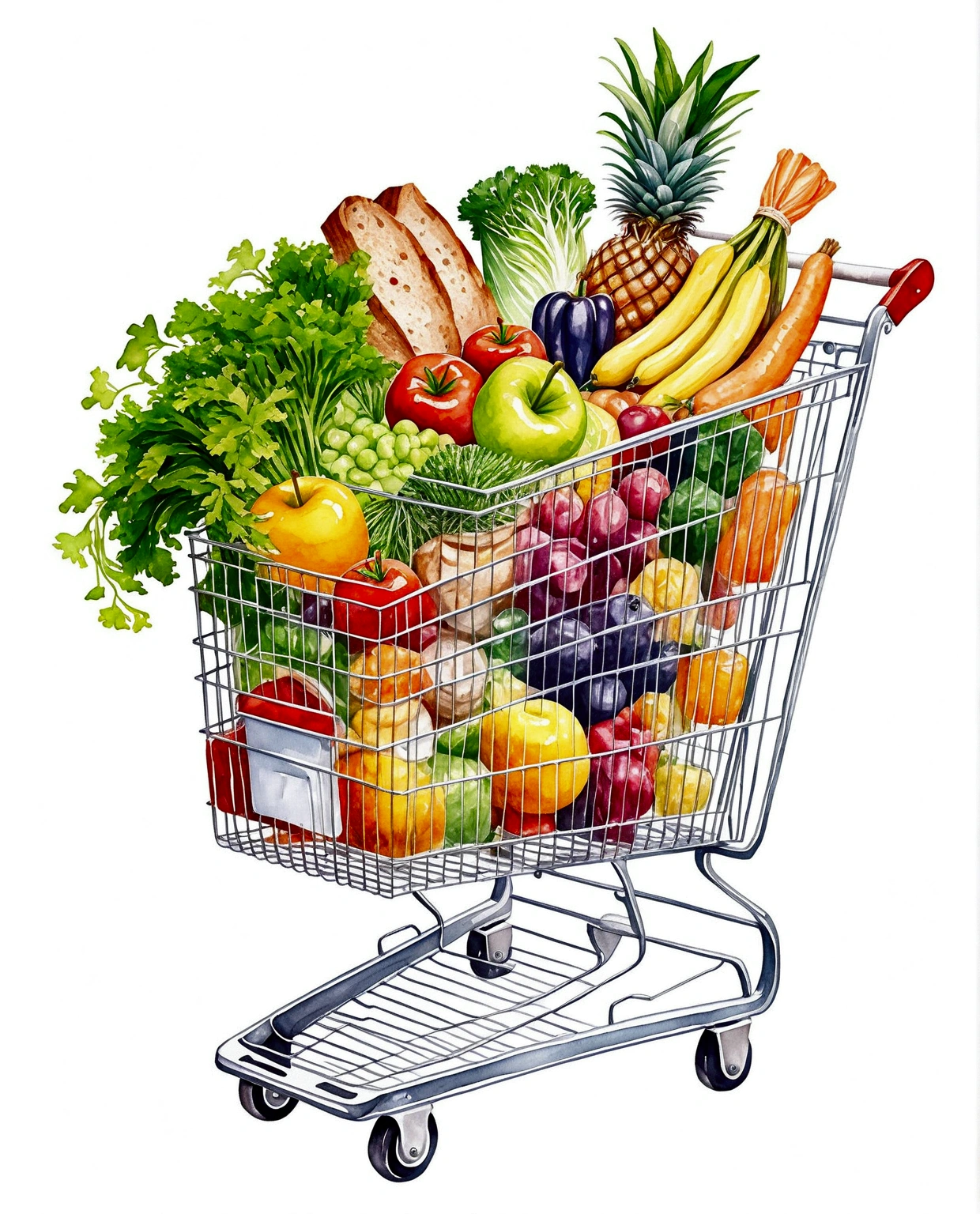 shopping trolley with a lot healthy food, illustration, isolated with solid white background, surrounded with negative space, centered composition, 8k, highest detailed painting, very precise painting, Isolated, clear solid white background, perspective angle of view, cartoon style, ((watercolor:1)), clip art, (lora:add-detail-xl:1), (masterpiece), (best quality),