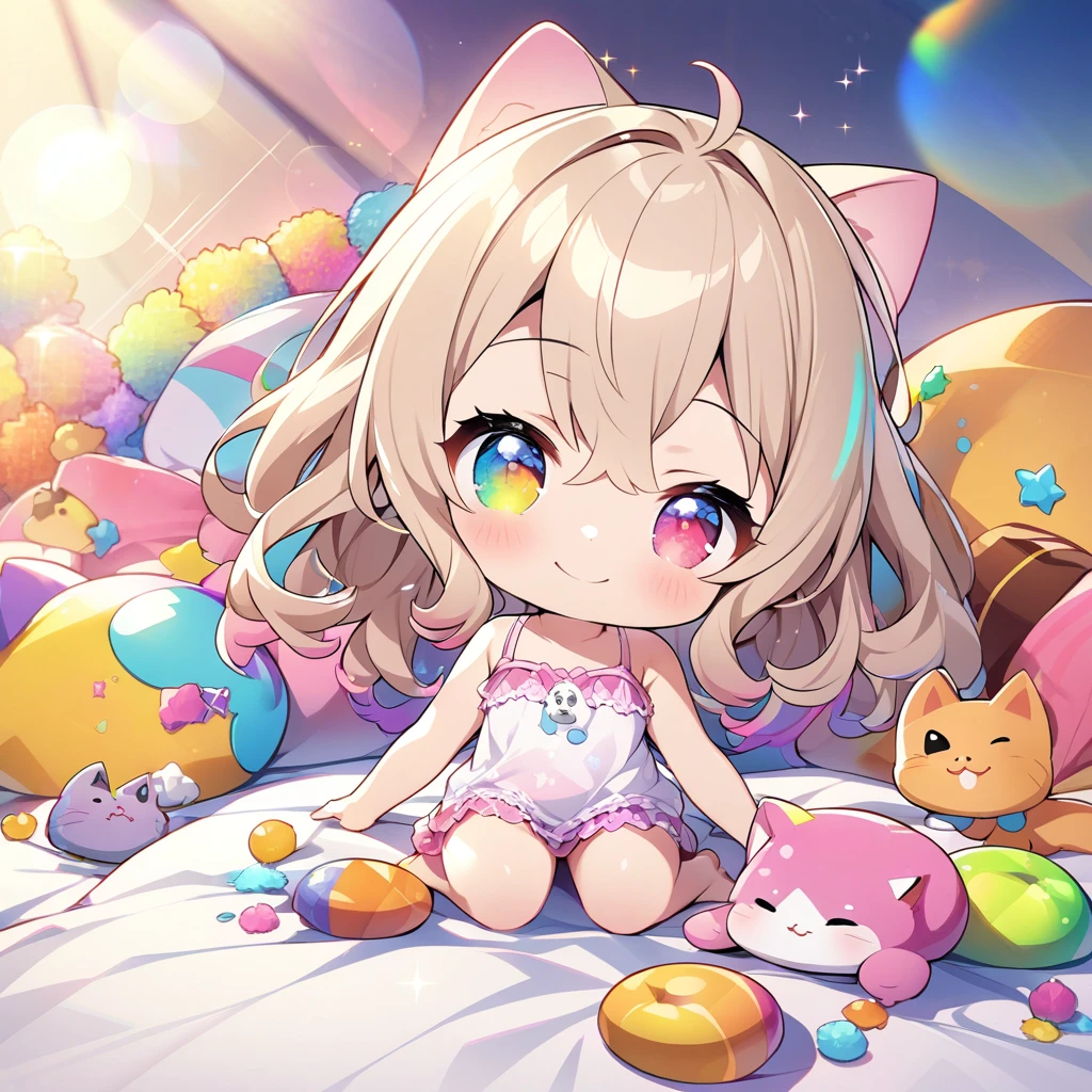 masterpiece, best quality, 4k、2D illustration、one beautiful girl、solo、(((chibi style)))、((vivid colors))、cute chibi、lovely chibi、long beautiful hair, glossy light brown hair, hair between eyes, cute、beautifully detailed eyes、((camisole dress)), ((miniskirt))、((colorful))、((happy smile))、sleeping in bed、((full body shot))、((kitten)), ((lots of colorful stuff around))、((bed))、sparkle、((lens flare))、