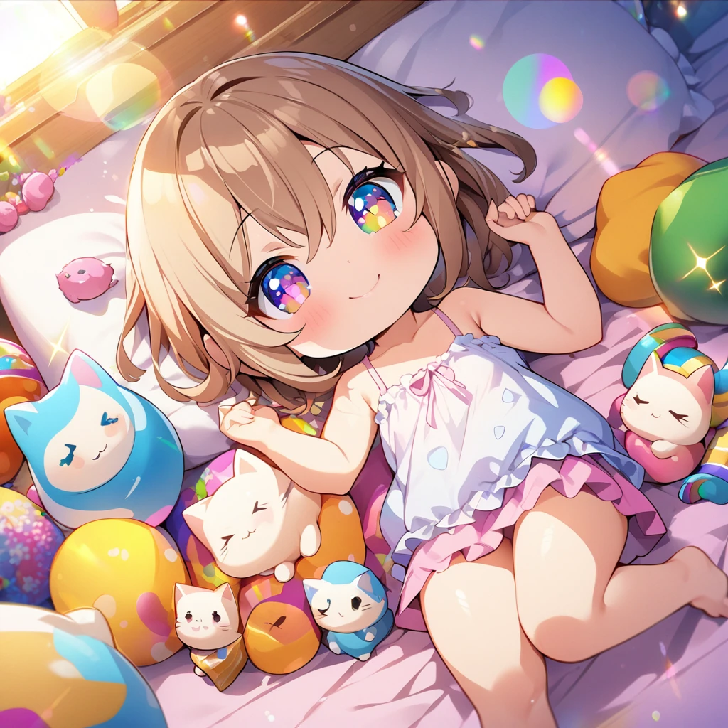 masterpiece, best quality, 4k、2D illustration、one beautiful girl、solo、(((chibi style)))、((vivid colors))、cute chibi、lovely chibi、long beautiful hair, glossy light brown hair, hair between eyes, cute、beautifully detailed eyes、((camisole dress)), ((miniskirt))、((colorful))、((happy smile))、sleeping in bed、((full body shot))、((kitten)), ((lots of colorful stuff around))、((bed))、sparkle、((lens flare))、