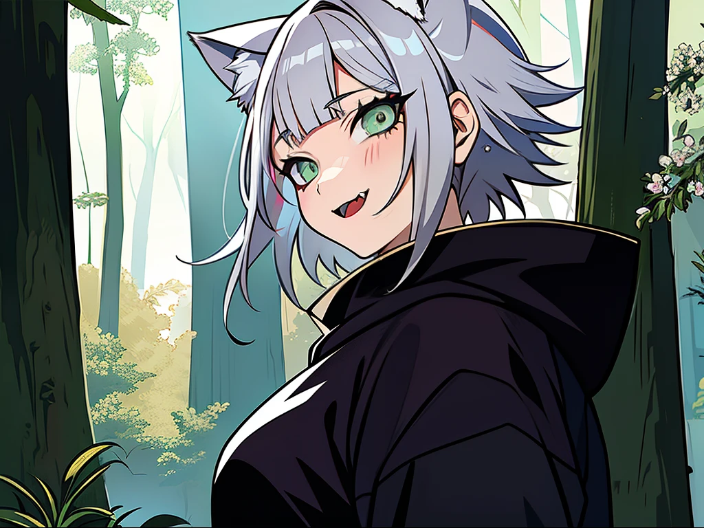 SFW, ultra 4k hd, absurdres, anime, naruto, white hair, lavender hair, gray hair, silver hair, neko, green eyes, ninja, short hair, chubby, medium breasts, messy hair, gray hair, cat ears, catgirl, nekomimi, cat tail, forehead protector, kunoichi, hair between eyes, silver hair, anime style, fullbody, eye scar, fangs, 1girl, naruto shippuden, solo, baggy clothes, alone, forest, village, 1fang, cloak, fishnets, v bangs, bangs, fluffy, dark clothes, purple clothes, clothing design, ninja fashion, light eyes, scar over eye, light green eyes, scars, hood, hood down, hood off, ((best quality:1), (masterpiece:1), (ultra-detailed:1):1.3), cinematic lighting, detailed background, detailed, absurd detail, ahoge, half updo hairstyle, dynamic lighting, (detailed background:1), sidetails, long side locks