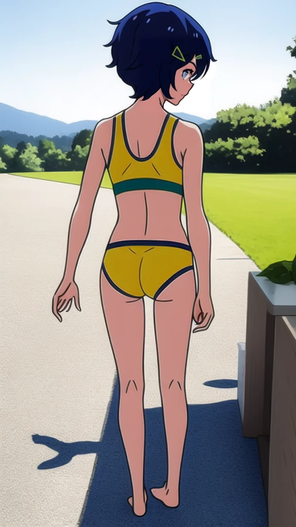 Ai ohto [wonder egg priority], short hair, hairclip,yellow bikini , sports bra, smile, barefoot, lake,back view