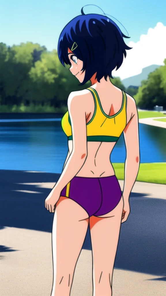 Ai ohto [wonder egg priority], short hair, hairclip,yellow bikini , sports bra, smile, barefoot, lake,back view