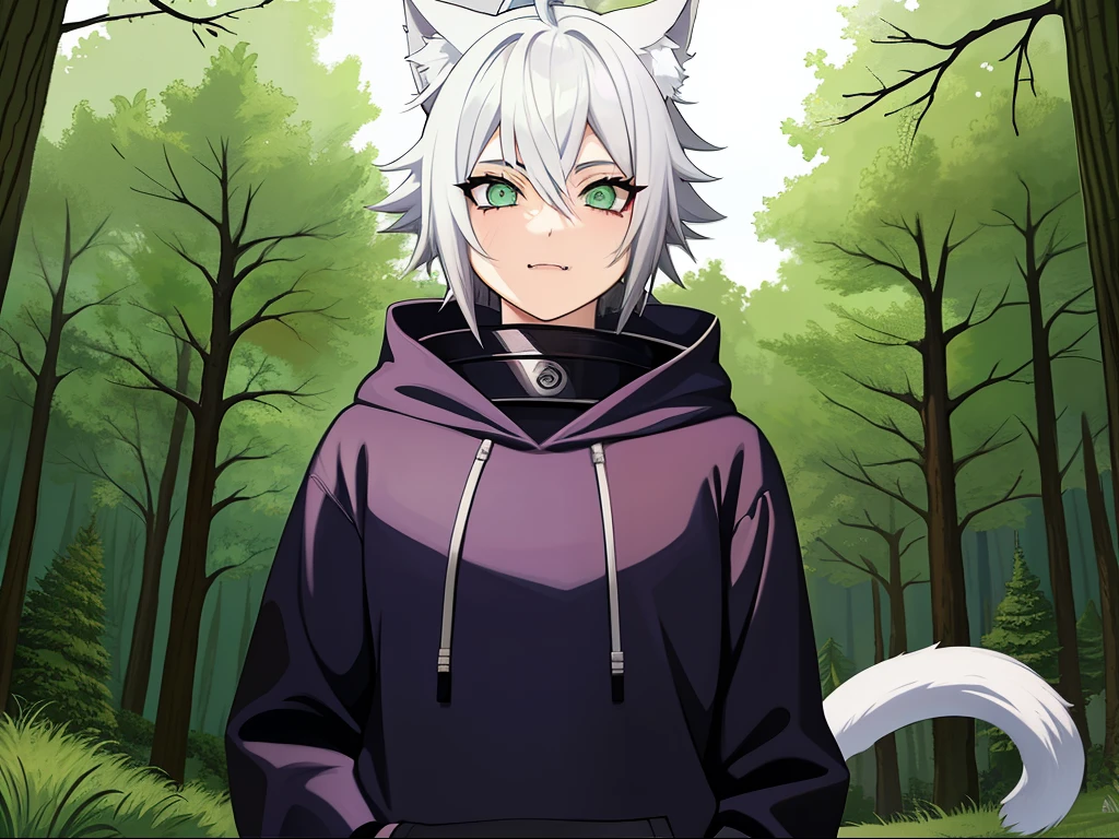 SFW, ultra 4k hd, absurdres, anime, naruto (anime), naruto (art style), white hair, lavender hair, gray hair, silver hair, neko, green eyes, ninja, short hair, chubby, medium breasts, messy hair, gray hair, cat ears, catgirl, nekomimi, cat tail, forehead protector, kunoichi, hair between eyes, silver hair, anime style, fullbody, eye scar, fangs, 1girl, naruto shippuden, solo, baggy clothes, alone, forest, village, 1fang, cloak, fishnets, v bangs, bangs, fluffy, dark clothes, purple clothes, purple clothing, clothing design, ninja fashion, light eyes, scar over eye, light green eyes, scars, hood, hood down, hood off, ((best quality:1), (masterpiece:1), (ultra-detailed:1):1.3), cinematic lighting, detailed background, detailed, absurd detail, ahoge, half updo, chubby cheeks, (detailed background), pose, ((fishnets)), (ninja)