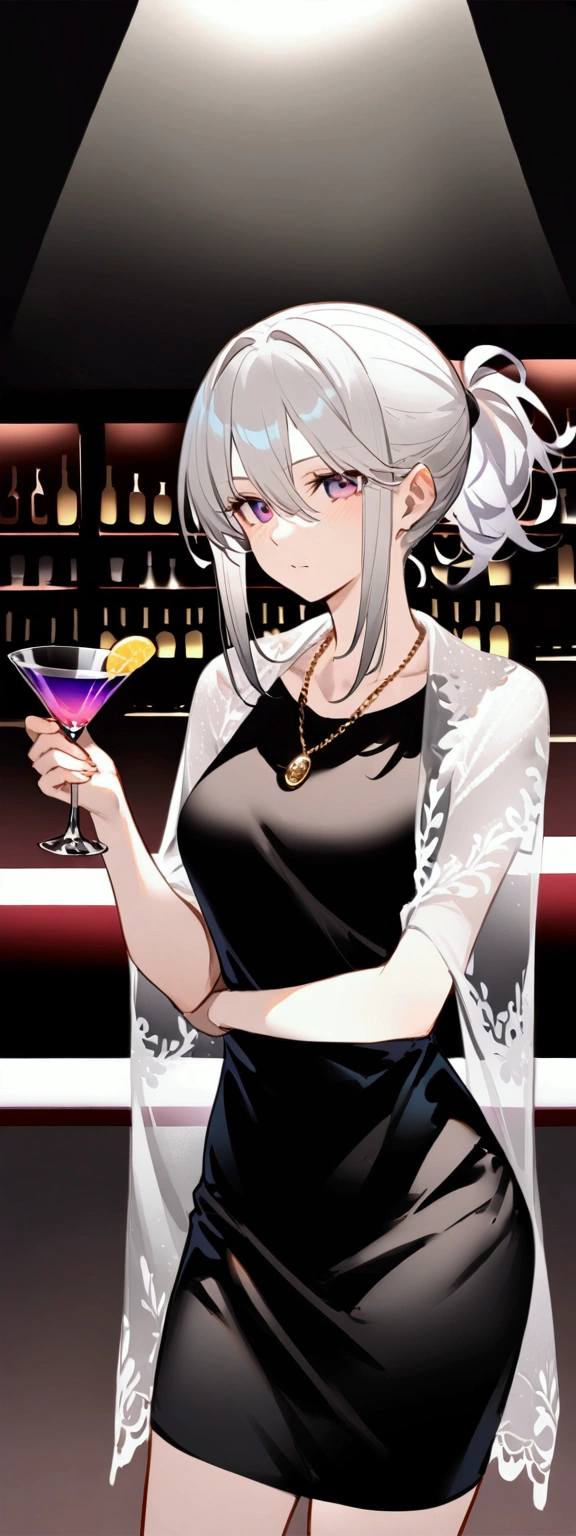 1 female, Stand at the bar, Mature, 31 years old, Silver hair, Short Ponytail, Hair intake, Side lock, Hair between the eyes, Deep purple eyes, She is wearing a grey crew neck shirt,There are short sleeves inside, She also wore a black silk bodycon dress, Finally, a long, It is covered with a light purple transparent shawl, It is open. Tightly closed lips, A faint smile, Slightly tilted hair, For the audience, Cowboy shooting, She holds a cocktail glass,Purple cocktail in glass,The cup is decorated with purple flowers, dark mood, Golden necklace, Clear lining