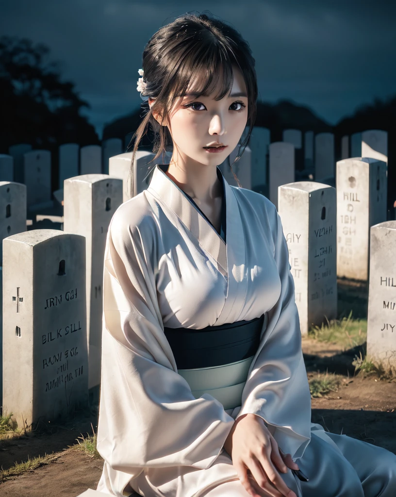 (Highest quality, 32k, High resolution, Masterpiece:1.5), marimo_jet, World of Darkness, A terrifying photograph, Horror, Evoking eerie silence and elusive beauty, Expressing emotions, Have a rich imagination, Beautiful Japanese Girls, An exceptionally beautiful face, Small Face Beauty, , Perfect Human Anatomy, Magical big eyes, I endure the sadness, Fleeting Expression, Black Hair, Neat, super long, straight silk hair, Asymmetrical bangs, Hair between the eyes, Unhealthy pale skin, Sharp eyebrows, Thin lashes, ((White kimono:1.4)), Slim figure with ample breasts, ((A hill lined with gravestones:1.5)), ((Midnight Darkness:1.5)), Professional photographer, Professional models