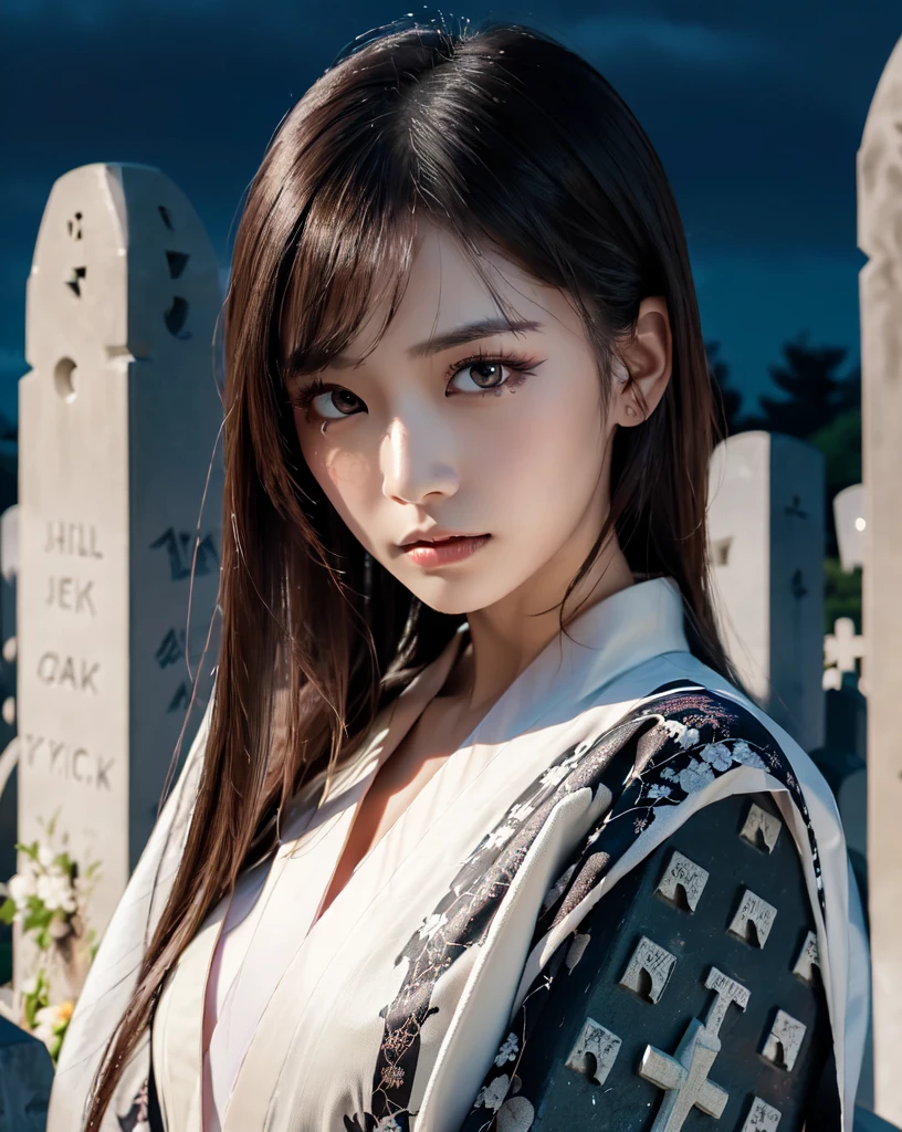 (Highest quality, 32k, High resolution, Masterpiece:1.5), marimo_jet, World of Darkness, A terrifying photograph, Horror, Evoking eerie silence and elusive beauty, Expressing emotions, Have a rich imagination, Beautiful Japanese Girls, An exceptionally beautiful face, Small Face Beauty, , Perfect Human Anatomy, Magical big eyes, I endure the sadness, Fleeting Expression, Black Hair, Neat, super long, straight silk hair, Asymmetrical bangs, Hair between the eyes, Unhealthy pale skin, Sharp eyebrows, Thin lashes, ((White kimono:1.4)), Slim figure with ample breasts, ((A hill lined with gravestones:1.5)), ((Midnight Darkness:1.5)), Professional photographer, Professional models
