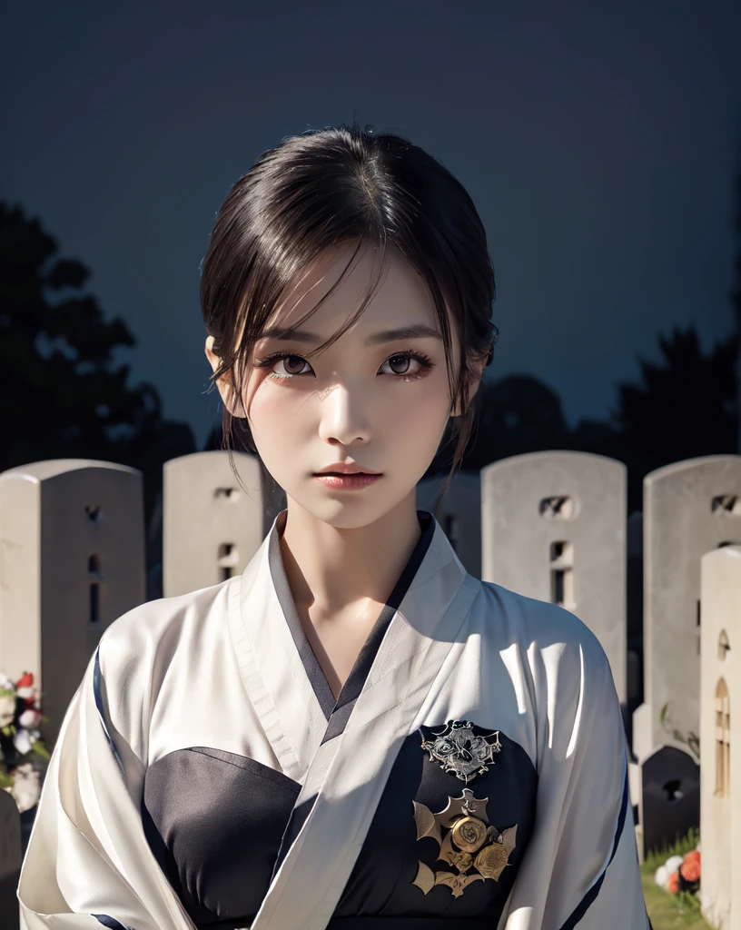 (Highest quality, 32k, High resolution, Masterpiece:1.5), marimo_jet, World of Darkness, A terrifying photograph, Horror, Evoking eerie silence and elusive beauty, Expressing emotions, Have a rich imagination, Beautiful Japanese Girls, An exceptionally beautiful face, Small Face Beauty, , Perfect Human Anatomy, Magical big eyes, I endure the sadness, Fleeting Expression, Black Hair, Neat, super long, straight silk hair, Asymmetrical bangs, Hair between the eyes, Unhealthy pale skin, Sharp eyebrows, Thin lashes, ((White kimono:1.4)), Slim figure with ample breasts, ((A hill lined with gravestones:1.5)), ((Midnight Darkness:1.5)), Professional photographer, Professional models