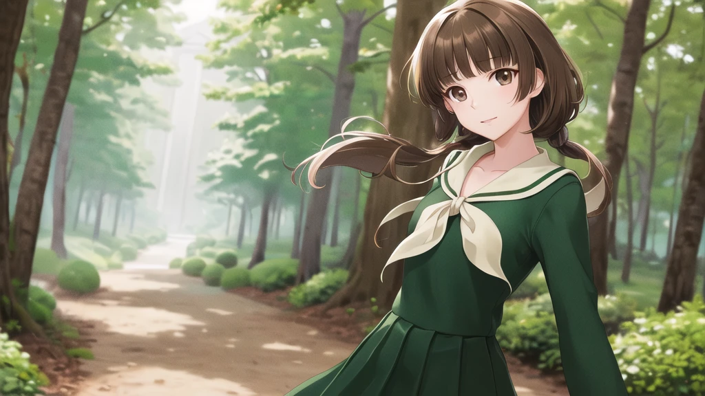 masterpiece, Highest quality, High resolution, Ayayoshino, , Long Hair, Twin Blade, Brown eyes, Hair that falls over the shoulders, , Sailor collar, neckerchief, Green Shirt, One piece sailor shirt, Long sleeve, Green Skirt, Long skirt, Are standing, Cowboy Shot, Outdoor, Person on the right, Shining Face