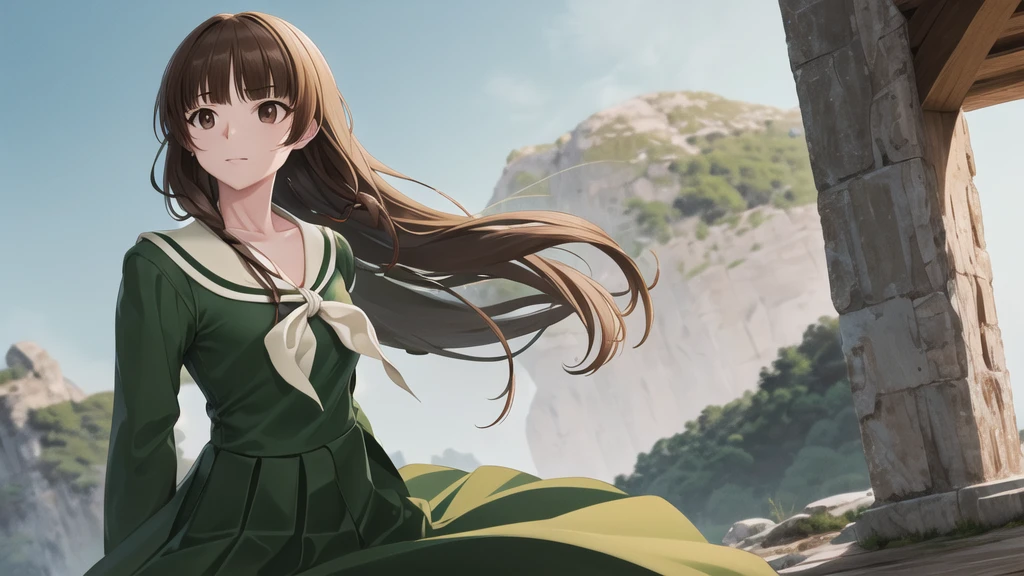 masterpiece, Highest quality, High resolution, Ayayoshino, , Long Hair, Twin Blade, Brown eyes, Hair that falls over the shoulders, , Sailor collar, neckerchief, Green Shirt, One piece sailor shirt, Long sleeve, Green Skirt, Long skirt, Are standing, Cowboy Shot, Outdoor, Person on the right, Shining Face