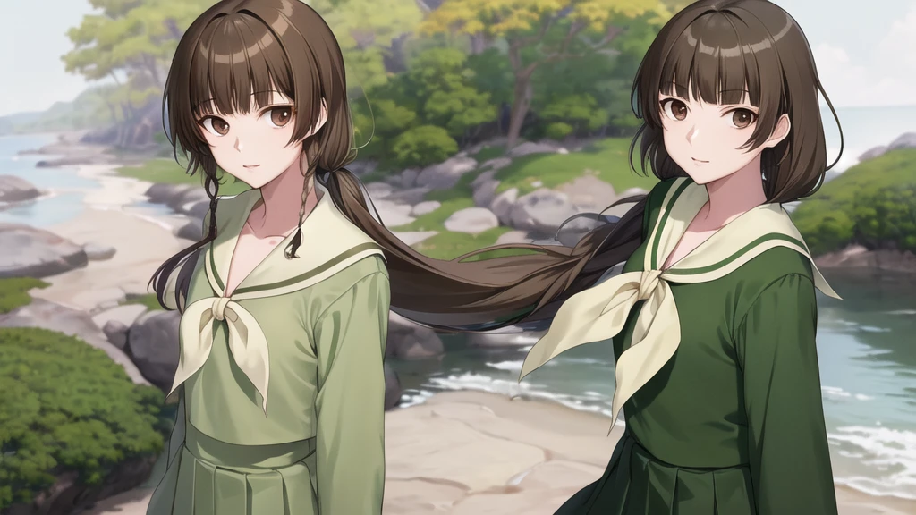 masterpiece, Highest quality, High resolution, Ayayoshino, , Long Hair, Twin Blade, Brown eyes, Hair that falls over the shoulders, , Sailor collar, neckerchief, Green Shirt, One piece sailor shirt, Long sleeve, Green Skirt, Long skirt, Are standing, Cowboy Shot, Outdoor, Person on the right, Shining Face
