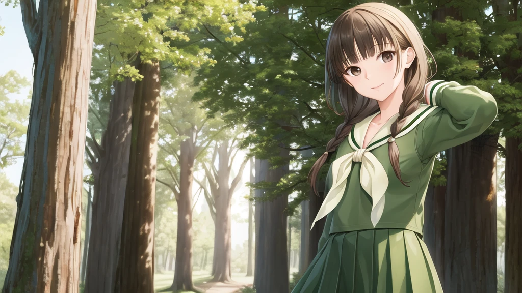 masterpiece, Highest quality, High resolution, Ayayoshino, , Long Hair, Twin Blade, Brown eyes, Hair that falls over the shoulders, , Sailor collar, neckerchief, Green Shirt, One piece sailor shirt, Long sleeve, Green Skirt, Long skirt, Are standing, Cowboy Shot, Outdoor, Person on the right, Shining Face