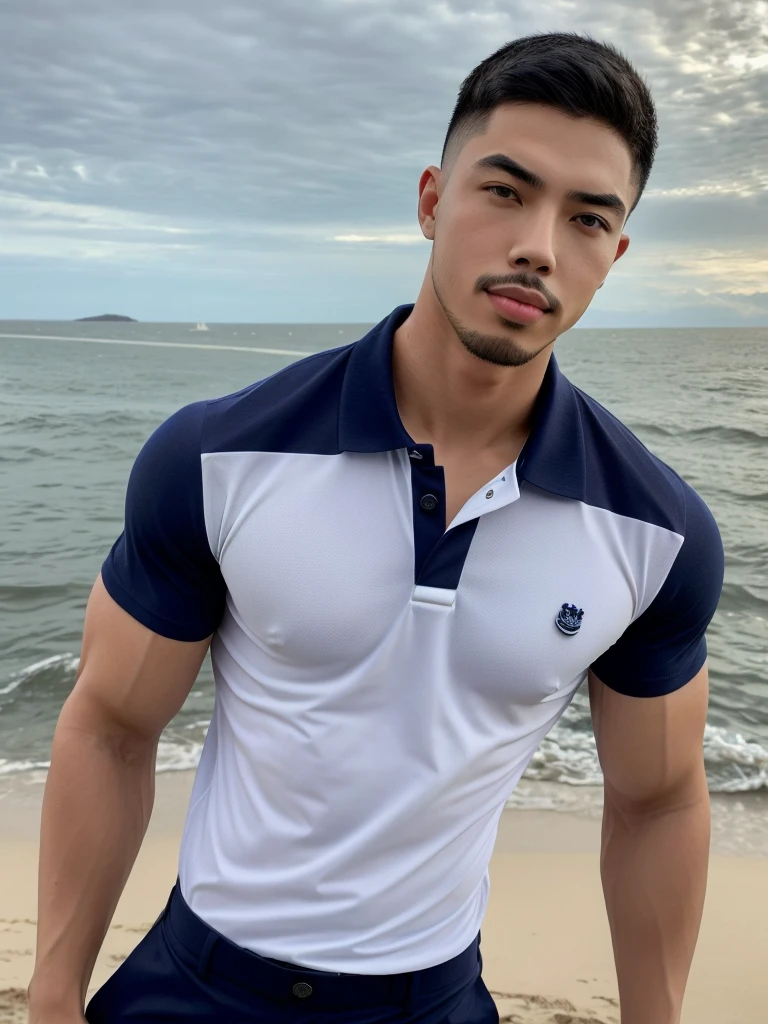 Tony Labrusca, Young man in a navy blue polo shirt Standing by the sea with an expression, looking into the distance Turn your head slightly.,Cloudy day