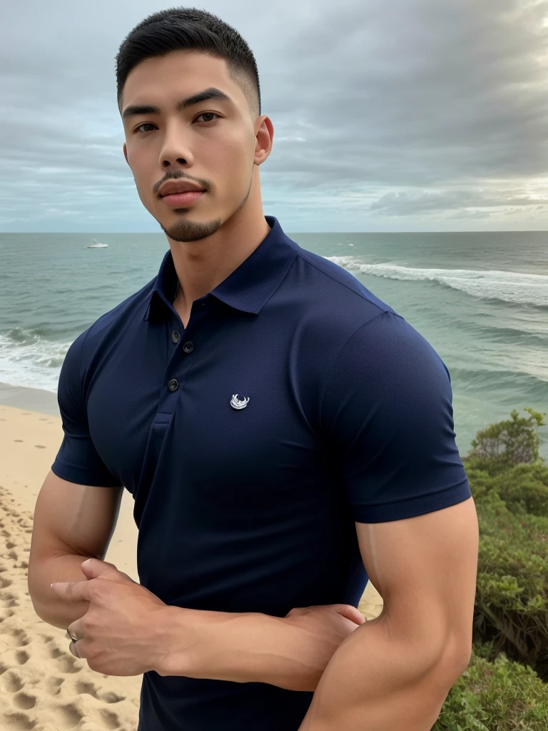Tony Labrusca, Young man in a navy blue polo shirt Standing by the sea with an expression, looking into the distance Turn your head slightly.,Cloudy day