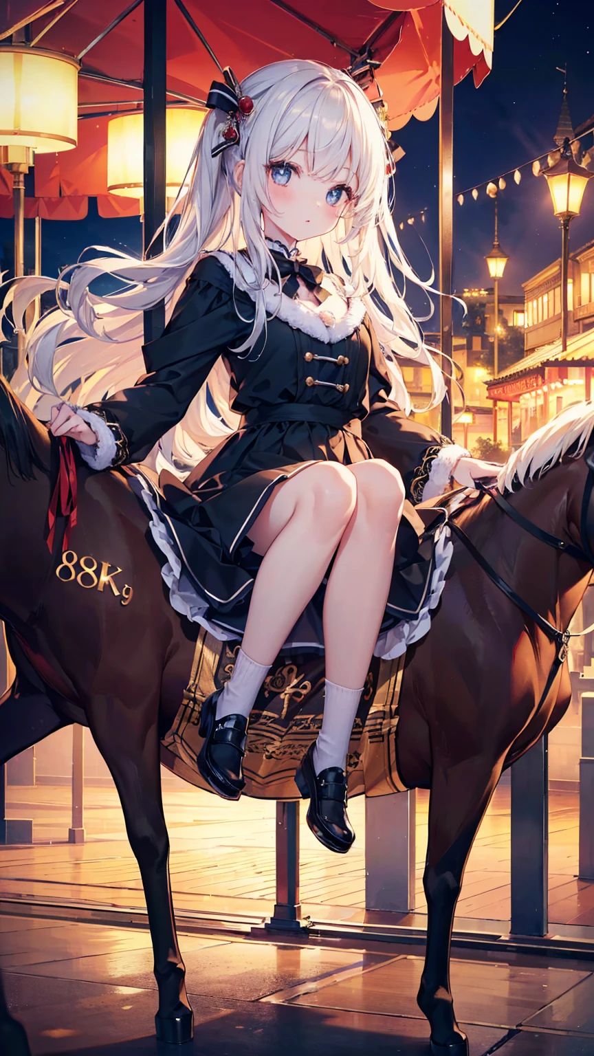 (8K, original photo, best quality, masterpiece:1.2), (actual, photo-actual:1.37) , 1 girl, (merry-go-round, night), miaoxiaoji(secret_Tea), Detailed face, delicate eyes, Black skirt