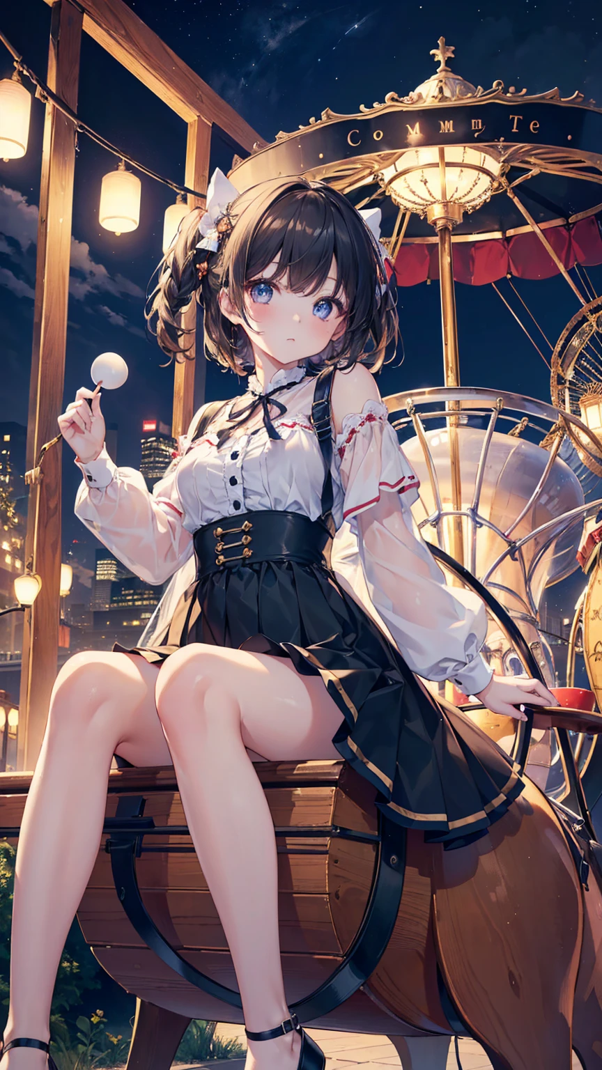 (8K, original photo, best quality, masterpiece:1.2), (actual, photo-actual:1.37) , 1 girl, (merry-go-round, night), miaoxiaoji(secret_Tea), Detailed face, delicate eyes, Black skirt