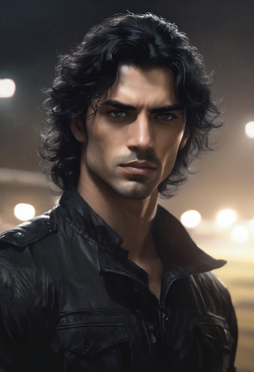 1 man, inside a clandestine race track, wearing a black shirt, detailed facial features, beautiful black and masculine eyes, detailed light skin, medium-length black hair wavy and messy, soft expression, dramatic lighting, cinematic composition, cold and dark colors, atmospheric fog, strong chin, manly man, night, handsome man, beautiful model face, no beard, (best quality, 4K, 8K, high resolution, art: 1,2), ultra-detailed, (realistic, photorealistic, photorealistic: 1, 37)