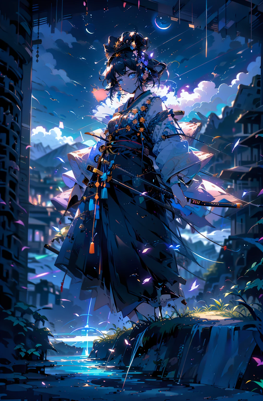{{{Crescent Moon,Tabletop}}}, {{Highest quality, Ultra-fine illustrations, Beautiful and delicate water}}, {{Very delicate light}}, {{nature, Painting}}, {{Excellent lighting, A more transparent star, Quality Mountains々々々々々々々, Very beautiful 8K PCG wallpaper}}, (plateau), sunrise, Randomly distributed clouds, cliff, ((Rotating starry sky)), ((Lake of the mountain stream)), {{{Glowing particles,samurai,Hold the sword,Japanese sword}}}