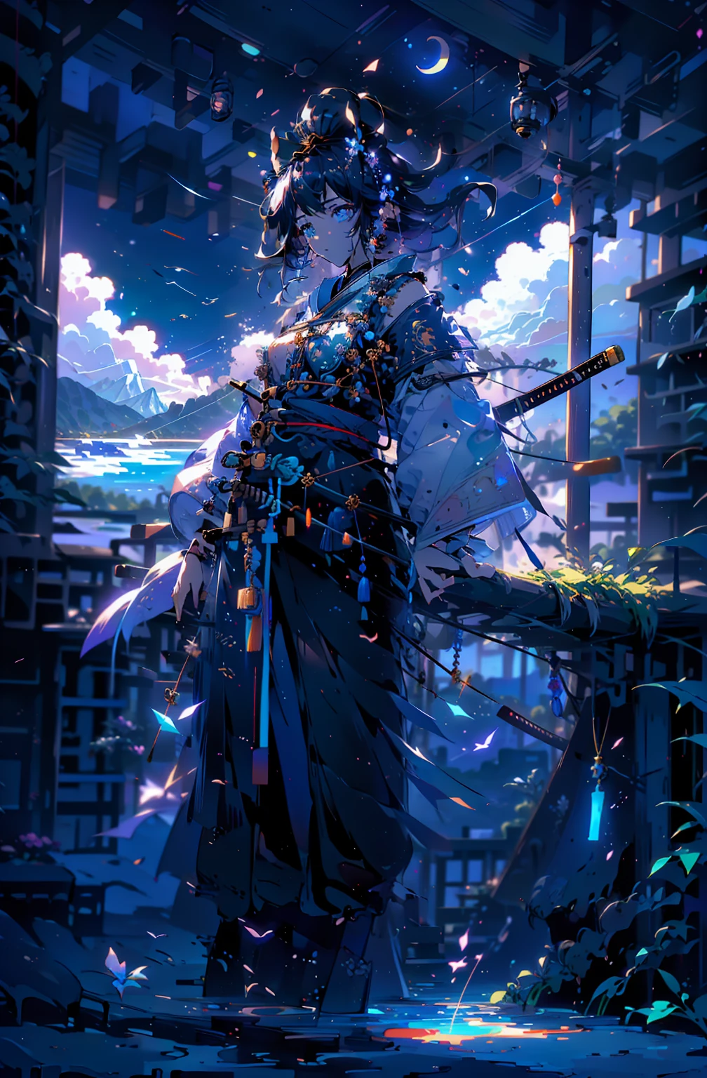 {{{Crescent Moon,Tabletop}}}, {{Highest quality, Ultra-fine illustrations, Beautiful and delicate water}}, {{Very delicate light}}, {{nature, Painting}}, {{Excellent lighting, A more transparent star, Quality Mountains々々々々々々々, Very beautiful 8K PCG wallpaper}}, (plateau), sunrise, Randomly distributed clouds, cliff, ((Rotating starry sky)), ((Lake of the mountain stream)), {{{Glowing particles,samurai,Hold the sword,Japanese sword}}}