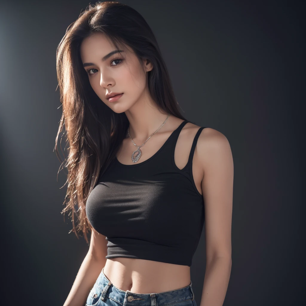 1girl,elegant,long hair,black tank top,jeans,silver necklace,standing,half-body portrait,(best quality,4k,8k,highres,masterpiece:1.2),ultra-detailed,(realistic,photorealistic,photo-realistic:1.37),warm lighting,soft colors,chiaroscuro,dramatic lighting,moody,portrait