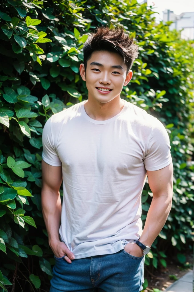 Young Korean man in a white t-shirt and jeans, A handsome, muscular young Asian man looks at the camera. In a simple black and red t-shirt. , Fieldside, grass, beach, sunlight, Carrying a camera, smiling