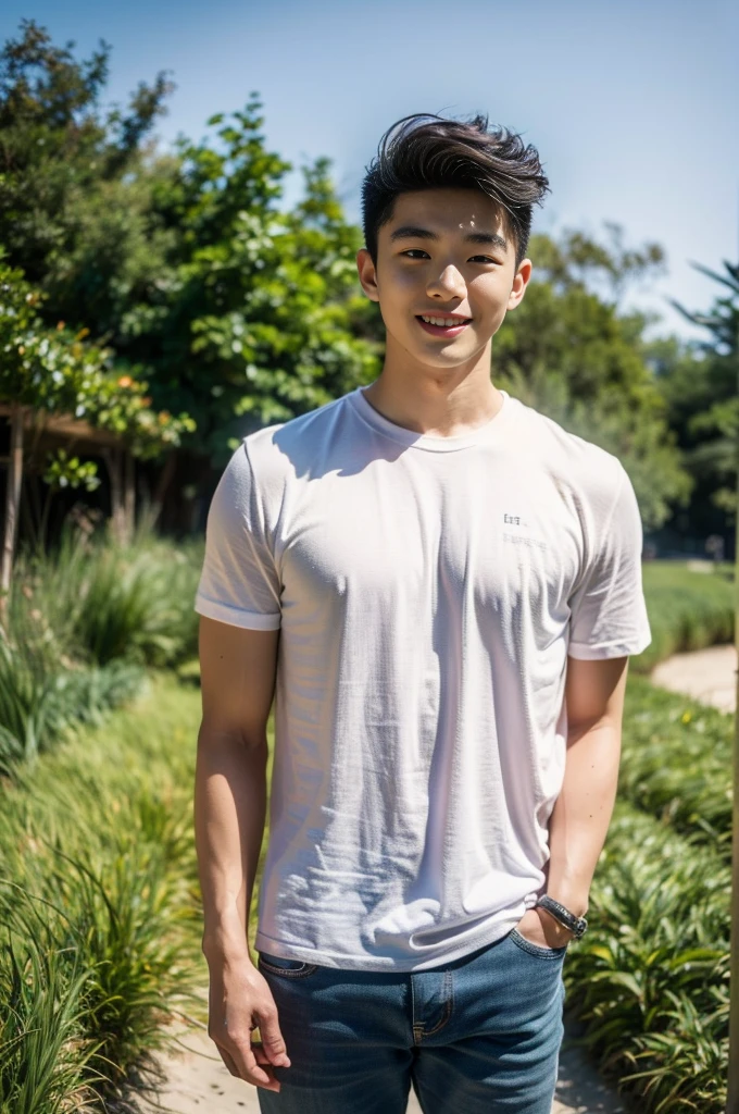 Young Korean man in a white t-shirt and jeans, A handsome, muscular young Asian man looks at the camera. In a simple black and red t-shirt. , Fieldside, grass, beach, sunlight, Carrying a camera, smiling