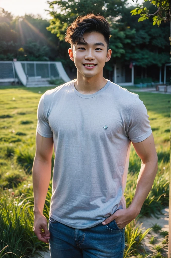 Young Korean man in a white t-shirt and jeans, A handsome, muscular young Asian man looks at the camera. In a simple black and red t-shirt. , Fieldside, grass, beach, sunlight, Carrying a camera, smiling