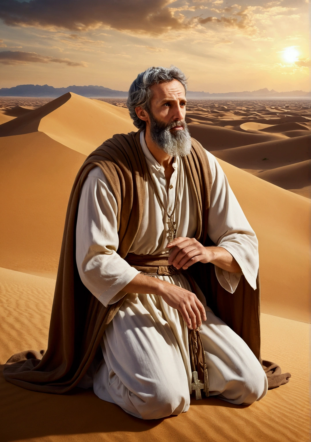 ""(28 years old) Saint Joachim, 28 years old, man, fasting and praying in the desert, with an angelic vision.""
