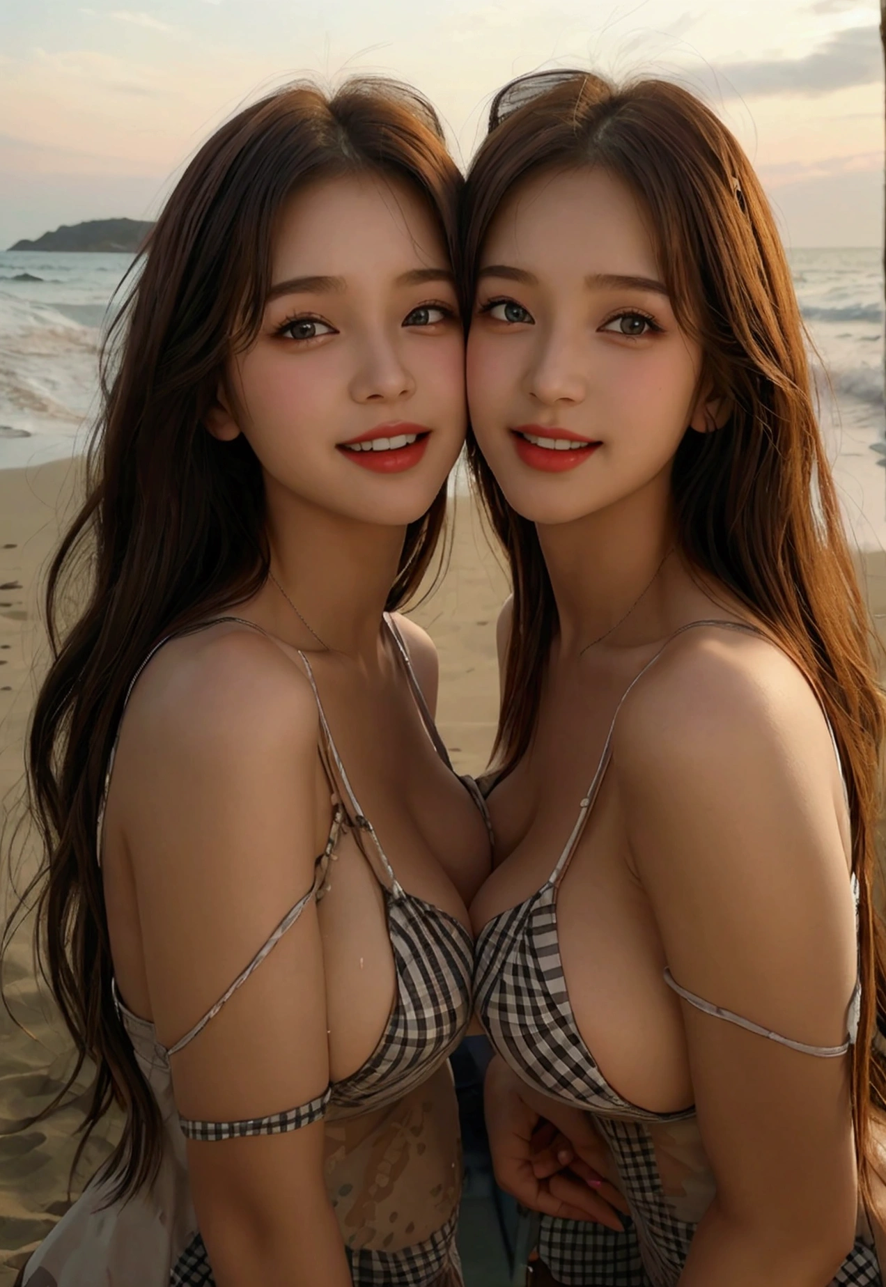 breast, , sexy look, makeup, cute, beautiful, smiling, beautiful eyes, perfect eyes, perfect teeth, twin sisters, sexy sisters, breast, touching breast, extra long hair, half body portrait on beach, long legs, hug from back, breast,( low chest, tight-fitting,deep v big breasts,blackstockings,cleavage,shift dresses,Plaid dress), detailed facial and skin texture, detailed eyes