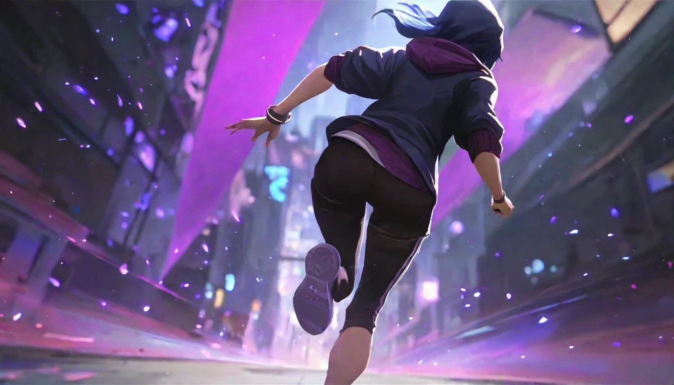 score_9, score_8_up, score_7_up, score_6_up, score_5_up, score_4_up, BREAK Arcane, solo, best aesthetic, league of legends, thin, pale skin, long shot, cinematic lighting, bokeh, epic, contrasting color pallette, striking colors, 1 girl running, back angle, purple hoodie, thick thighs, black shorts, tight clothing, highly detailed city background, centered, 
