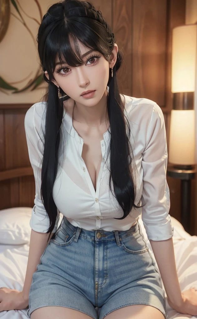 Best quality, tmasterpiece,vchan_mother,1girl,black_hair,shirt,huge breasts