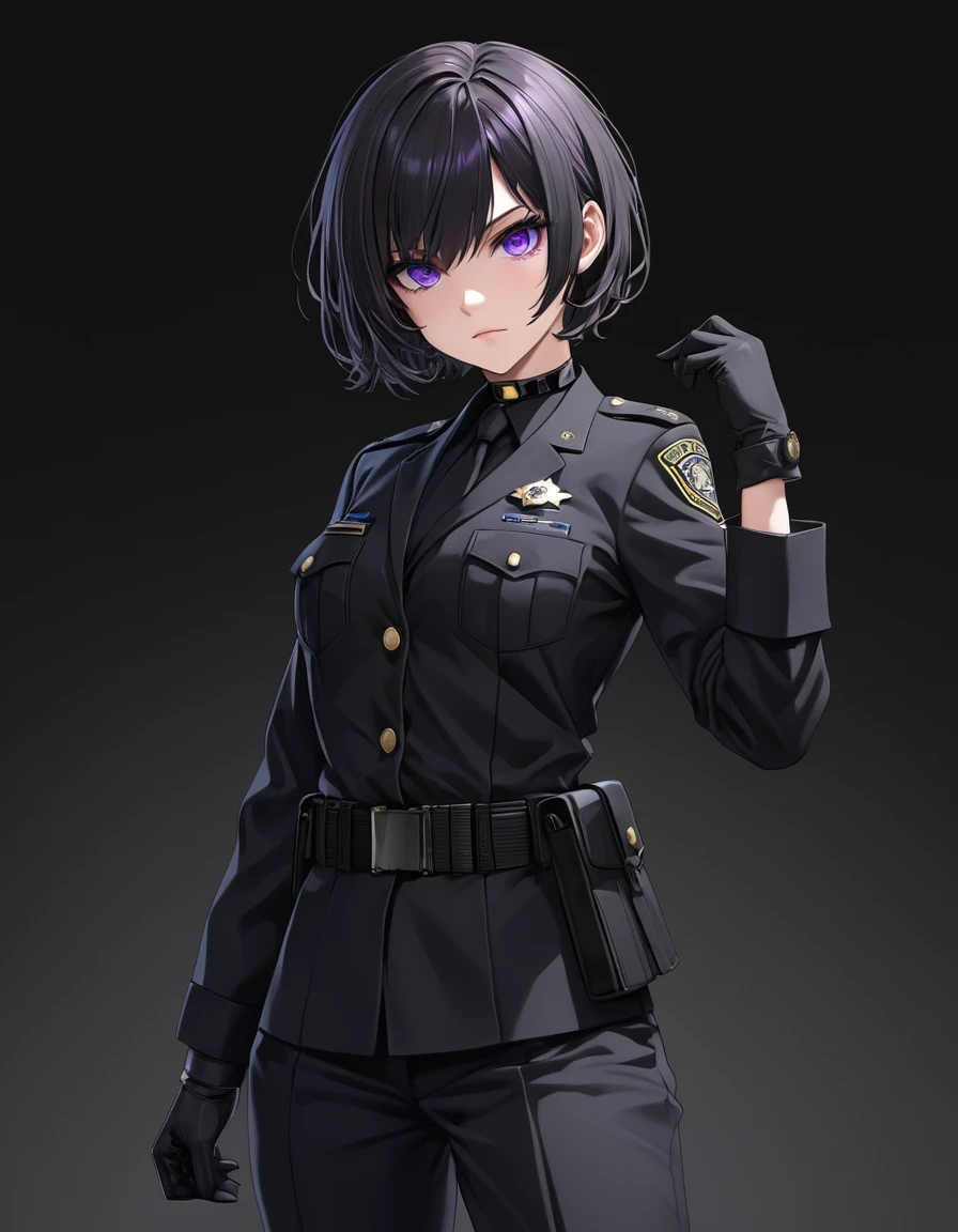 High-resolution anime digital art, Masterpiece, tomboy, mature, sexy, smart, short hair color pitch black, real detail eyes pupil purple, real detail hands and fingers, wear gloves, black chokers, wear Black FBI uniform, Full Body, Alone, Full Body, intricate, hyper detailed, sharp focus, physically-based rendering, (black background:1.1)