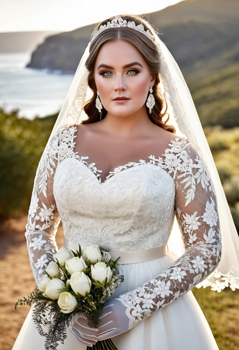 Aidy bryant modeling in a majestic, outdoor setting, adorned in a lace bohemian bridal gown boasting long sleeves ribbon belt on waist, Crowning her head are flowers and a veil while diamond earrings and necklace sparkle in contrast with the white satin of her elbow-length opera gloves, realistic, 4k, hd, detailed, perfect anatomy, perfect hands, perfect face