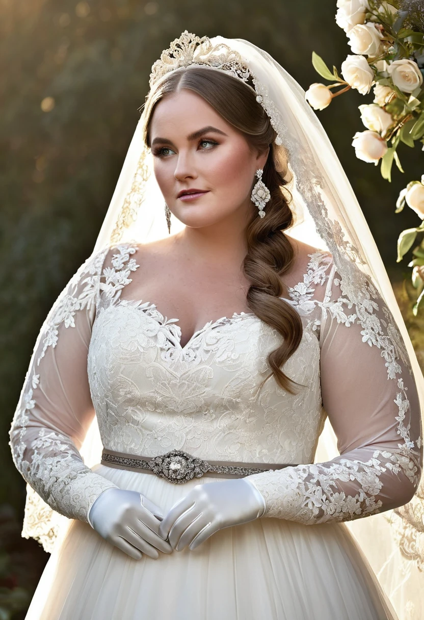 Aidy bryant modeling in a majestic, outdoor setting, adorned in a lace bohemian bridal gown boasting long sleeves ribbon belt on waist, Crowning her head are flowers and a veil while diamond earrings and necklace sparkle in contrast with the white satin of her elbow-length opera gloves, realistic, 4k, hd, detailed, perfect anatomy, perfect hands, perfect face