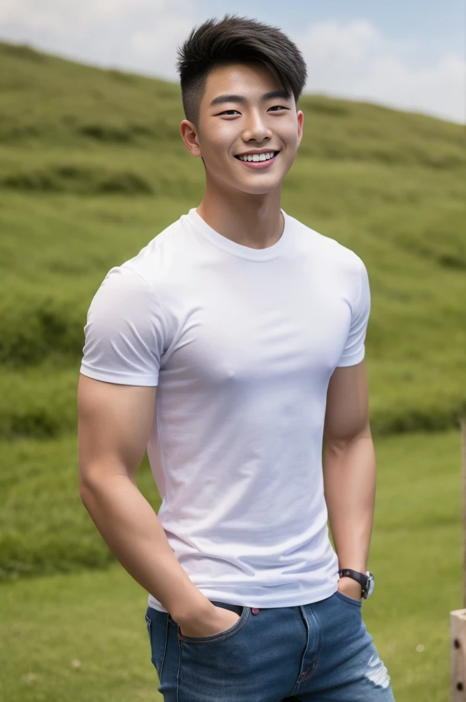 Young Korean man in a white t-shirt and jeans, A handsome, muscular young Asian man looks at the camera. In a simple black and red t-shirt. , Fieldside, grass, beach, sunlight, Carrying a camera, smiling