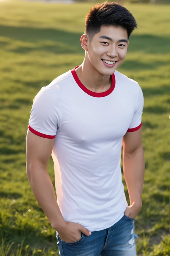 Young Korean man in a white t-shirt and jeans, A handsome, muscular young Asian man looks at the camera. In a simple black and red t-shirt. , Fieldside, grass, beach, sunlight, Carrying a camera, smiling