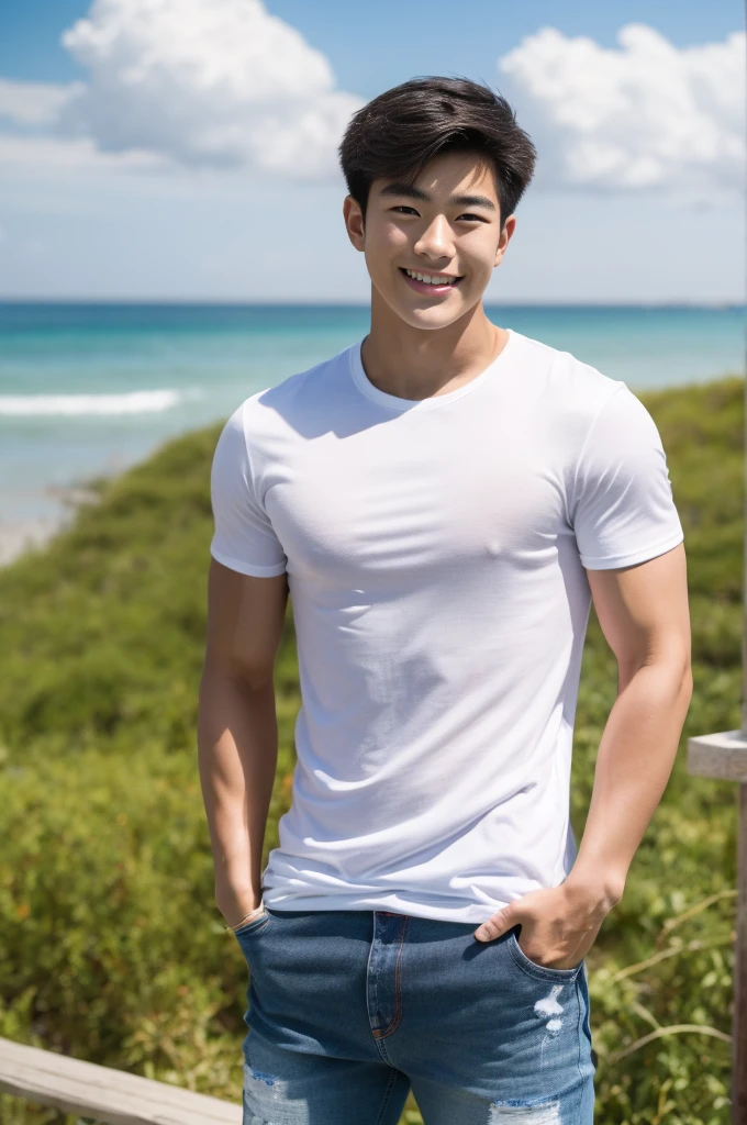 Young Korean man in a white t-shirt and jeans, A handsome, muscular young Asian man looks at the camera. In a simple black and red t-shirt. , Fieldside, grass, beach, sunlight, Carrying a camera, smiling