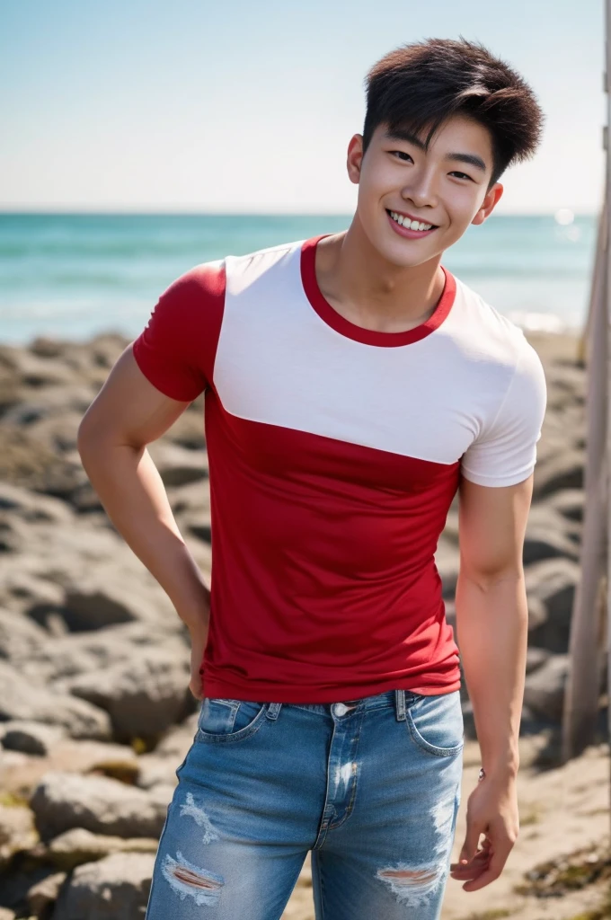 Young Korean man in a white t-shirt and jeans, A handsome, muscular young Asian man looks at the camera. In a simple black and red t-shirt. , Fieldside, grass, beach, sunlight, Carrying a camera, smiling